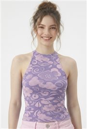 Kadın Fitilli Baskılı Halter Yaka Crop Bluz